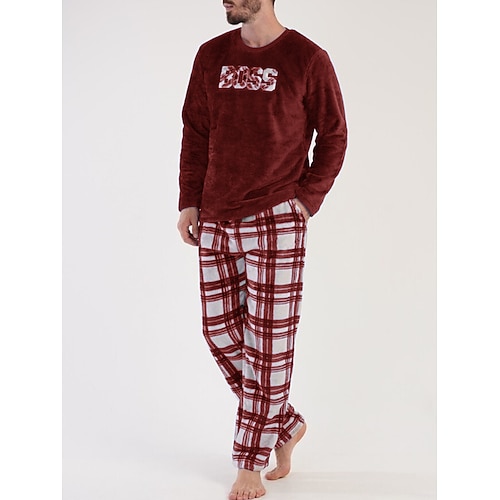Herren Hausanzug Schlafanzüge Schlafanzug Set Pyjama-Oberteil und Hose 2 Stück Plaid Stilvoll Brautkleider schlicht Komfort Heim Täglich Flanell Komfort Rundhalsausschnitt Langarm Pullover Hose Image