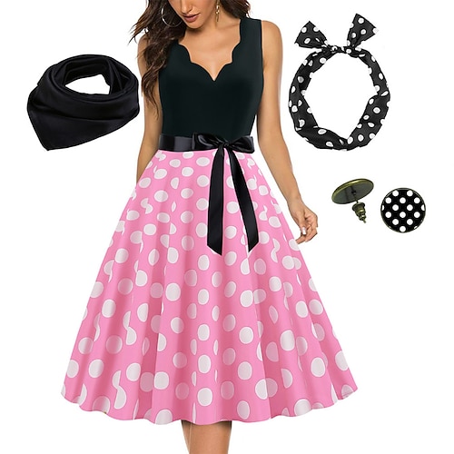 Damen A-Linien Rockabilly Kleid Polka-Dots Swing-Kleid Flair-Kleid mit Zubehörset 1950er Jahre Grease-Outfits 60er Retro Vintage mit Haarband Schal Ohrringe für Vintage Swing Party Kleid Image