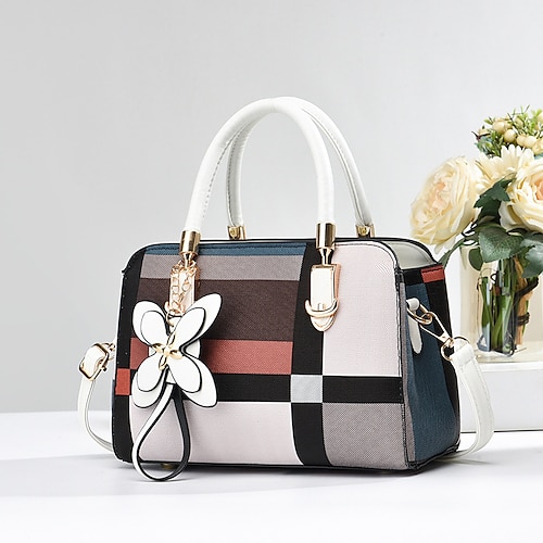 Karierte Damenhandtasche mit Kunstledergriffen und Schultergurt, strukturierte Tasche mit oberem Griff und Schmetterlingsanhänger für Büro, Einkaufen und den täglichen Gebrauch