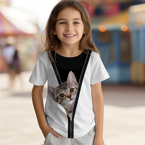 Mädchen 3D Katze T-Shirt Hemden Kurzarm 3D-Druck Sommer Aktiv Modisch Kuschelig Polyester kinderkleidung 3-12 Jahre Rundhalsausschnitt Outdoor Casual Täglich Regular Fit Image