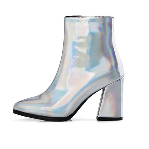 Silbermetallische Damenstiefeletten mit Kunstfellfutter, spitzer Zehenpartie und Blockabsatz, warme, modische Kurzstiefel für Herbst-Winter-Partys und Abende Image