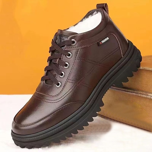 Braune Herren-Winterschuhe aus Leder mit Plüschfutter und rutschfester Sohle - warme, wasserdichte Schnürstiefel für den Außenbereich Image