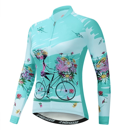Damen Radtrikot Gemustert Blumenmuster Blume Langarm Fahhrad Trikot Oberteil mit 3 Gesäßtaschen Mountainbike MTB Straßenradsport Schnelltrocknend Frontreißverschluss Weich Rückentasche Sport Wei Image