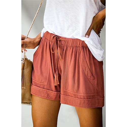 Damenshorts mit Kordelzug und Tasche, einfarbig, Baumwollmischung, für den Alltag, Sommer, grün, schwarz, pink, orange, rot Image