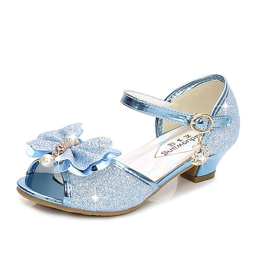 Blaue Glitzer-Prinzessinnenschuhe für Mädchen mit Schleife und Perlenanhänger – funkelnde Sandalen mit niedrigem Absatz für Partys, Hochzeiten und zum Ausgehen Image
