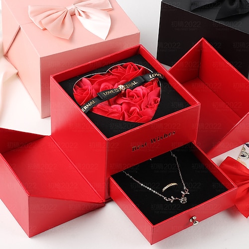 Geschenke zum Frauentag Valentinstag Ewige Blumen Schmuckbox Doppel-Layer Rosen-Geschenkbox Lippenstift Halskette Ring Ohrringe Schmuckbox für Mama Weihnachtsgeschenk Image