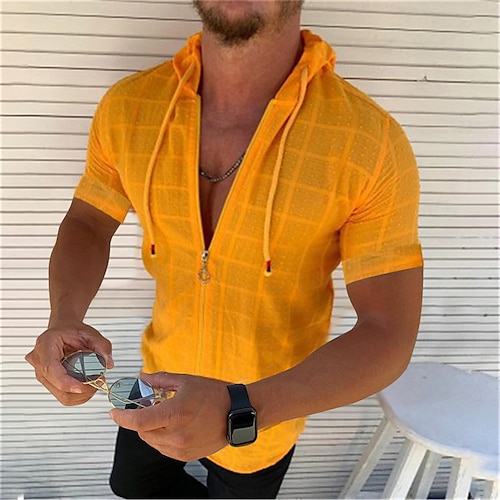 Herren Hemd Sommerhemd Strandbekleidung Freizeithemd Schwarz Weiß Rote Orange Grün Kurzarm Einfach Einfarbig Mit Kapuze ohne Druck Arbeit Büro / Karriere Bekleidung Urlaub Einfach Alltagstauglich Image