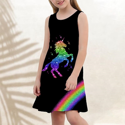 Mädchen' 3D Graphic Regenbogen Einhorn Kleid Ärmellos 3D-Druck Sommer Frühling Urlaub Sport Natur Täglich Kuschelig Brautkleider schlicht Süß kinderkleidung 3-12 Jahre Casual kleid A Linie Kleid Image