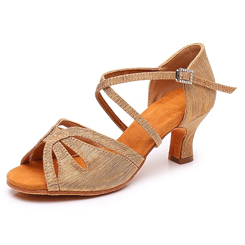 goldene Riemchen-Latin-Tanzschuhe für Damen – Performance-Absätze mit Wildledersohle für Salsa, Gesellschaftstanz und Training Image