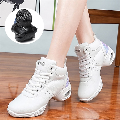 Damen Jazztanzschuhe Tanz-Turnschuh Line Dance Leistung Ausbildung Party Kunstleder-Müßiggänger Weicher Professionell Geteilte Sohle Starke Ferse Runde Zehe Schnürsenkel Junior Erwachsene Schwarzes Image