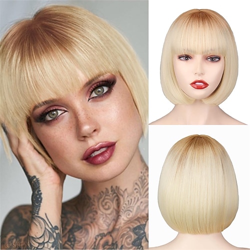 Kurze weiße Bob-Perücke mit Pony, gerade weiße Perücke für Frauen, natürliche synthetische kurze weiße Perücke mit Pony für die tägliche Party, Cosplay, Halloween Image