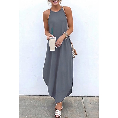 Damen Langes Kleid Maxikleid Kunstbaumwollleinen Shiftkleid Sommerkleid Trägerkleid Sexy Urlaub Lässig Urlaubskleider Normale Passform Einfarbig Ärmellos Rundhalsausschnitt Blau Schwarz Orange Braun Image
