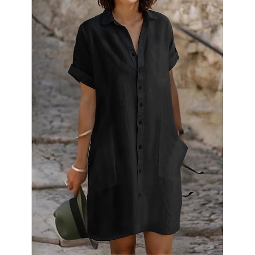 Damen Minikleid Hemdblusenkleid Weißes Kleid Baumwoll-Leinen-Kleider Basic Lässig Täglich Outdoor Urlaub Lässiger Schnitt Einfarbig Kurzarm Hemdkragen Schwarz Weiß Sommer Frühling Image