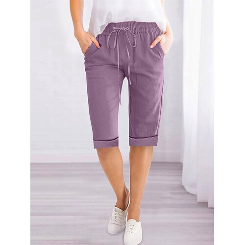 Damen Leinen-inspirierte Shorts Hose aus Baumwollleinen Shorts Stoffhosen Aktiv Einfach Lässig Knielang Hohe Taille Einfach Kordelzug Tasche Elastischer Bund Atmungsaktivität Weich Bequem Image