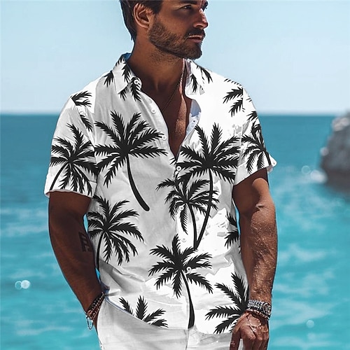 Herren Palme Tropische Pflanzen Hemd Hawaiihemd Sommerhemd Aloha-Shirt Kurzarm Hemd Umlegekragen Urlaub Hawaiianisch Outdoor Urlaub Hawaiianisch Schwarz Blau S M L Image