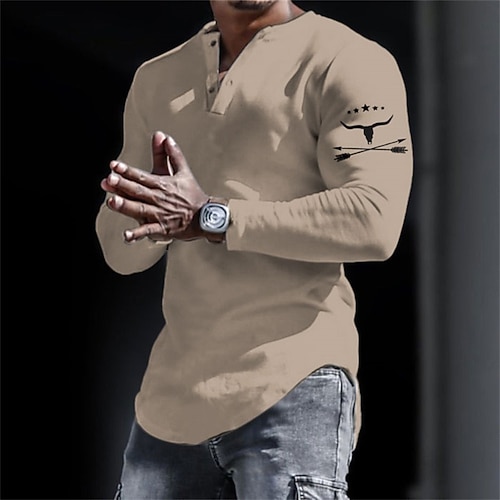 Herren Grafik Cowboy Henley Hemd Langarm 3D-Druck Mode Täglich Lässig Lässig Ferien Ausgehen Frühling Herbst Schwarz Weiß Gelb Grau Henley Henley T-Shirt Image
