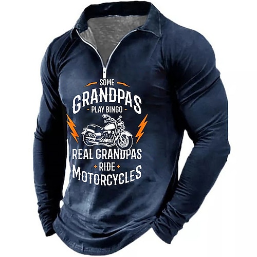 Herren Langarm Grafik T-Shirt 'Einige Großväter spielen Bingo echte Großväter fahren Motorrad' Lustiges Biker-Großvater Reißverschlusskragen Image