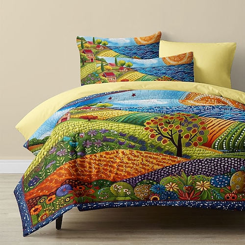 Bettbezug-Set mit Landschaftsmuster, weiches 3-teiliges Luxus-Baumwoll-Bettwäsche-Set, Heimdekoration, Geschenk, Doppelbett, King-Size-Bett, Queen-Size-Bett Image