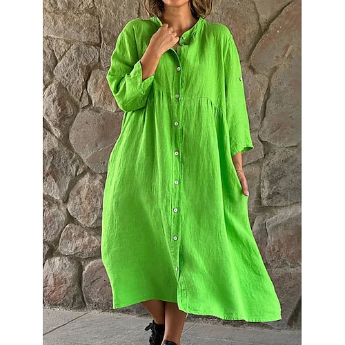 Damen Midikleid Kunstbaumwollleinen Hemdblusenkleid Kaftan Kleid Freizeitkleid Basic Modern Täglich Wochenende Lässiger Schnitt Einfach Dreiviertelarm Hemdkragen Gelb Marineblau Braun Grün Sommer Image