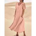 Damen Langes Kleid Maxikleid Leinen-inspirierte Kleider Freizeitkleid Sommerkleid Einfarbiges Kleid Maxi Basic Straße Date Lässiger Schnitt Kurzarm Rundhalsausschnitt Schwarz Rosa Himmelblau Purpur