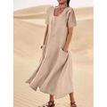 Damen Langes Kleid Maxikleid Leinen-inspirierte Kleider Freizeitkleid Sommerkleid Einfarbiges Kleid Maxi Basic Straße Date Lässiger Schnitt Kurzarm Rundhalsausschnitt Schwarz Rosa Himmelblau Purpur
