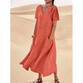 Damen Langes Kleid Maxikleid Leinen-inspirierte Kleider Freizeitkleid Sommerkleid Einfarbiges Kleid Maxi Basic Straße Date Lässiger Schnitt Kurzarm Rundhalsausschnitt Schwarz Rosa Himmelblau Purpur