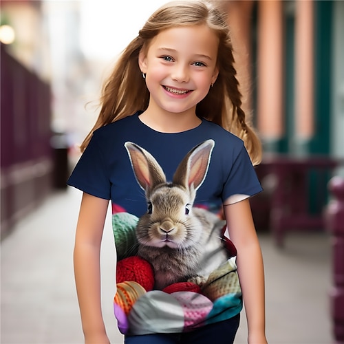 Ostern Mädchen 3D Hase Kaninchen T-Shirt Hemden Kurzarm 3D-Druck Sommer Aktiv Modisch Kuschelig kinderkleidung 3-12 Jahre Rundhalsausschnitt Outdoor Casual Täglich Regular Fit Image