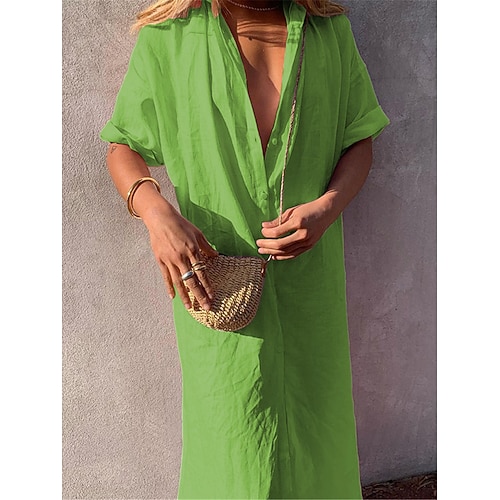 Damen Maxikleid Hemdblusenkleid Kaftan Kleid Weißes Kleid Baumwoll-Leinen-Kleider Basic Modern Täglich Wochenende Lässiger Schnitt Einfach Halbarm Hemdkragen Weiß Grün Sommer Frühling Image