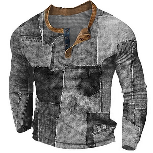 Herren Grafik Farbblock Patchwork Henley Hemd Waffel-T-Shirt Langarm 3D-Druck Mode Designer Lässig Sport im Freien Ferien Festival Frühling Herbst Blau Braun Grün Grau Henley Henley T-Shirt Image