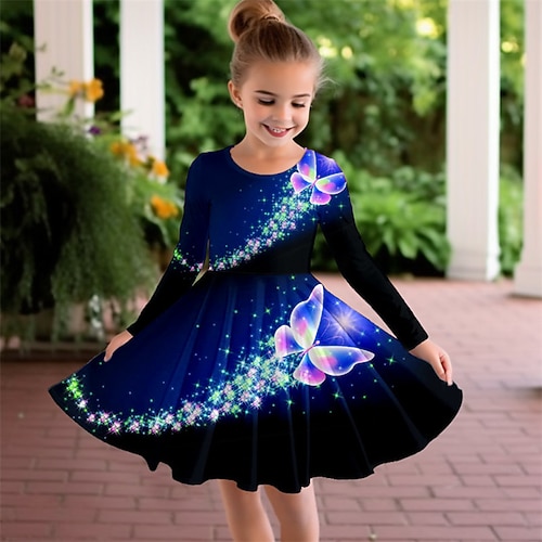 Mädchen' 3D Schmetterling Kleid Langarm 3D-Druck Herbst Winter Urlaub Sport Natur Täglich Kuschelig Brautkleider schlicht Schön kinderkleidung 3-12 Jahre Casual kleid A Linie Kleid Übers Knie Image