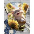 Damen T-Shirt, modisch, lustig, Blumen-/Katzen-Print, kurzärmlig, normale Oberteile, Rundhalsausschnitt, Urlaub, Wochenende, schwarz, gelb, rot, blau, braun, Frühlingamp; Sommer