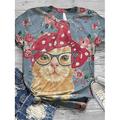 Damen T-Shirt, modisch, lustig, Blumen-/Katzen-Print, kurzärmlig, normale Oberteile, Rundhalsausschnitt, Urlaub, Wochenende, schwarz, gelb, rot, blau, braun, Frühlingamp; Sommer
