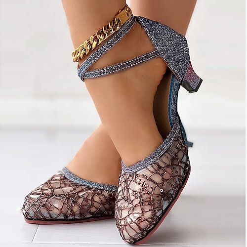Damen-Tanzschuhe mit goldener und silberner Spitze, Knöchelriemen und mittlerem Absatz für lateinamerikanischen Tanz und Salsa Image