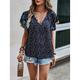 Hemd Boho-Shirt Bluse Damen Schwarz Rote Blau Blumen mit Schnürung Bedruckt Casual Festtage Modisch V Ausschnitt Regular Fit S