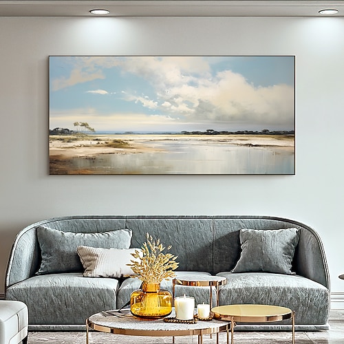 Handgefertigtes Ölgemälde auf Leinwand, Wandkunst-Dekor, originales abstraktes Landschaftsgemälde mit blauem Himmel für die Inneneinrichtung, mit gespanntem Rahmen/ohne Innenrahmen-Gemälde Image