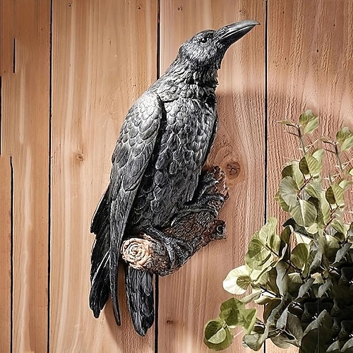 Krähenstatue, schwarze Rabenvogel-Wandskulptur, simulierte Tierskulptur für Hausfensterwandbaum im Freien, Rasengarten, Ostergeschenk Image
