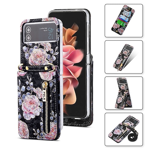 Handy Hülle Handyhüllen Für Samsung Galaxy Z Flip 6 Z Flip 5 Z Flip 4 Z Flip 3 Handtasche Brieftaschenhülle Flip Reisverschluss Mit Abnehmbarem Schultergurt Grafik Blume PU-Leder Image