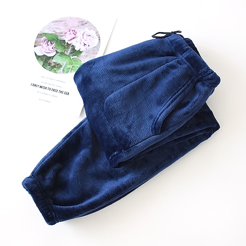 Herren Hausanzug Flanell-Pyjama-Hose Schlafanzüge Lounge Hose Einfarbig Modisch Einfach Heim Bett Polyester Hose Elastische Taille Winter Herbst Schwarz Blau Image