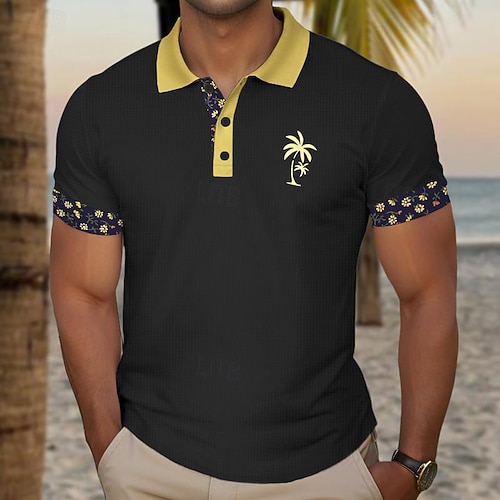 Kentucky Derby Herren Karomuster Palme Textur Golfshirt Kurzarm Polo-Shirts Hemden mit Kragen Lässig Strandbekleidung Urlaubskleidung Tropenkleidung Party-Outfits 3D-Druck Knöpfe Sommer Schwarz Wei Image