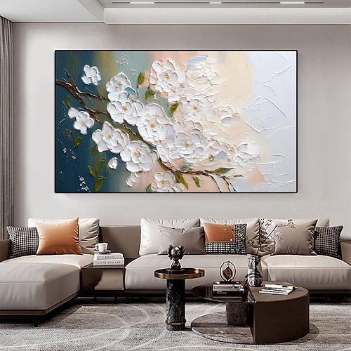 Großes, handgefertigtes Pflaumenblüten-Ölgemälde auf Leinwand, handgemaltes, abstraktes, strukturiertes Acrylgemälde mit weißen Blumen für die Wanddekoration im Wohnzimmer Image