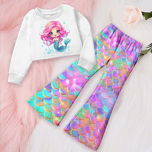 Mädchen 3D Graphic Karikatur Meerjungfrau Set aus Sweatshirt und Jogginghose Kleidungsset Rosa Langarm 3D-Druck Herbst Winter Aktiv Modisch Täglich kinderkleidung 3-12 Jahre Outdoor Urlaub Verabredung Image