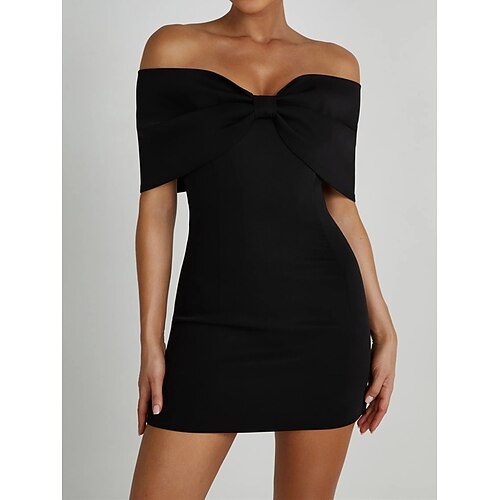 Damen Etuikleid Minikleid Rückenfrei Schleife Hochzeit Party Elegant Ausgefallene Schulterfrei Kurzarm Schwarz Weiß Rote Farbe Image
