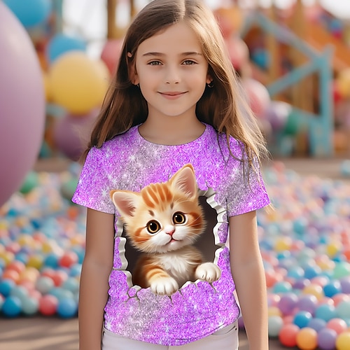 3D-Katzen-T-Shirt für Mädchen, rosa, kurzärmelig, 3D-Druck, Sommer, aktiv, modisch, niedlich, Polyester, Kinder 3–12 Jahre, Rundhalsausschnitt, Outdoor, lässig, täglich, normale Passform Image