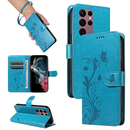 Handy Hülle Handyhüllen Für Samsung Galaxy S25 S24 S23 S23 FE S22 S21 Ultra Plus A34 A54 A73 A53 Brieftaschenhülle Geprägt Vollschutz Mit Handgelenkschlaufe Baum Schmetterling TPU PU-Leder Image