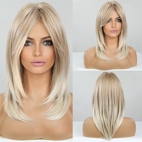 blonde Perücken mit Pony langgestufte blonde Perücke Frauen synthetische Perücke mit Pony 18-Zoll-Weihnachtsfeier-Perücken Image