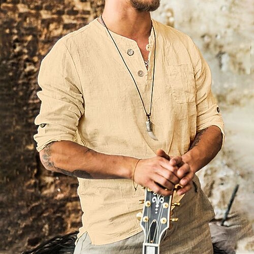 Herren Hemd leinenhemd Hemd mit Stehkragen Sommerhemd Strandbekleidung Glatt Casual Täglich Weiß Blau Khaki Langarm Kragen Frühling Sommer Bekleidung Image