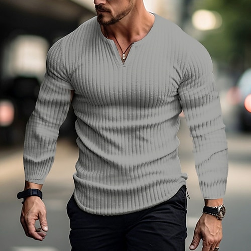 Herren T Shirt Henley Hemd Muskelshirt Geripptes Strick-T-Shirt T-Shirt Langarm Einfach Grubenstreifen Mode Designer Basic Klassisch V Ausschnitt Urlaub Straße Ausgehen Frühling Herbst Schwarz Wei Image