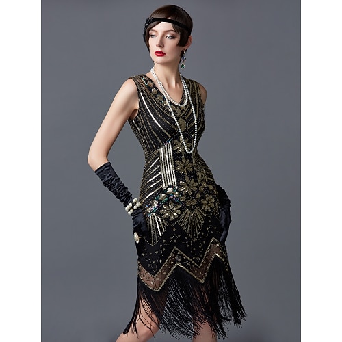 Goldene Zwanziger 1920er Cocktailkleid Knielang Flapper Kleid Kleid Abschlussballkleid Ärmellos Der große Gatsby Charleston Hochzeitsgast Quastenfransen V Ausschnitt Kostüm Damen Hochzeit Party Image