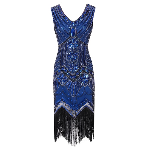 Goldene Zwanziger 1920er Cocktailkleid Knielang Flapper Kleid Kleid Abschlussballkleid Ärmellos Der große Gatsby Charleston Hochzeitsgast Quastenfransen V Ausschnitt Kostüm Damen Hochzeit Party Image