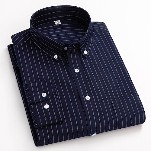 Herren Oberhemd Gestreiftes Hemd Hemd Bügelfreies Hemd Oxford Hemd Kariert / Gestreift / Chevron Hochzeit Büro Karriere Hellblau Weiß Dunkelmarine Marineblau Langarm Hemdkragen Ganzjährig Bekleidung Image